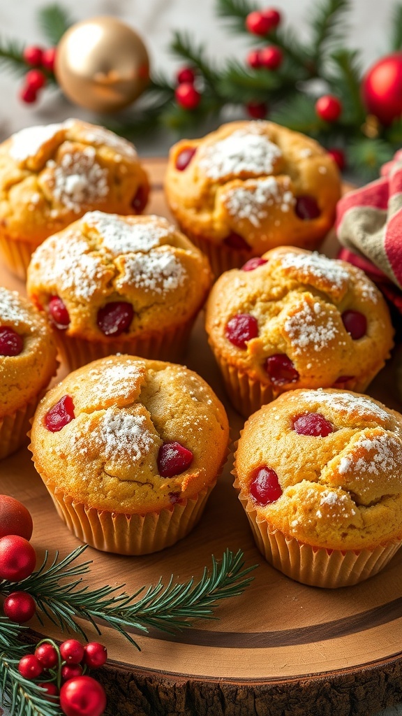 Freshly baked Christmas muffins with cranberries and nuts, dusted with powdered sugar, on a wooden platter with holiday decorations.
